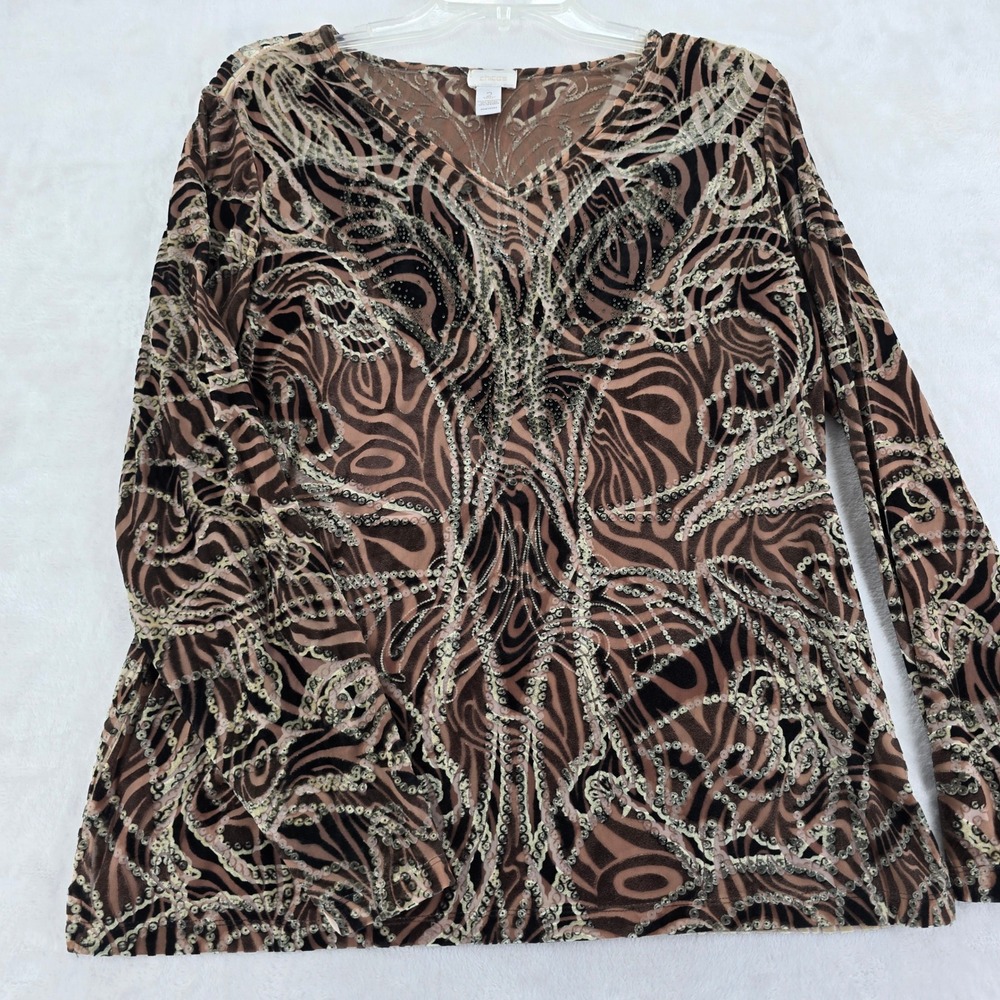 Chico's Top Womens 2 Large V-Neck Long Sleeve Brown Animal Print Beaded Velvet